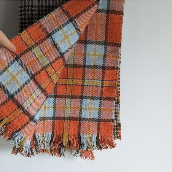 Brown Orange Houndestooth Plaid Fringe Scarf Muffler - Picture 3 of 4
